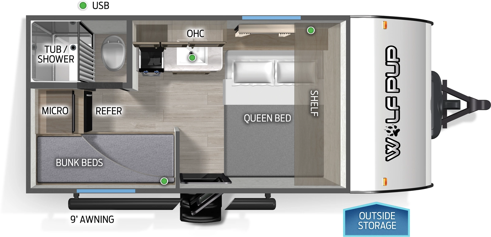 The Wolf Pup 14BHLP floorplan has one entry and zero slide outs. Exterior features include: metal exterior and 9' awning. Interiors features include: bunk beds and front bedroom.